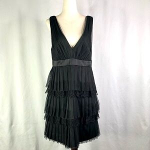 Nicole Miller LBD black cocktail dress deep v netting lace made in USA 10